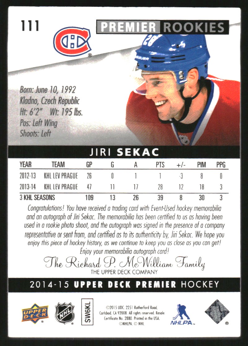 2014-15 Upper Deck Premier #111 Jiri Sekac JSY AU/299 RC back image