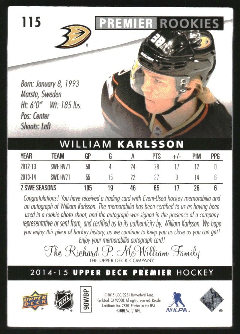 2014-15 Upper Deck Premier #115 William Karlsson JSY AU/299 RC back image