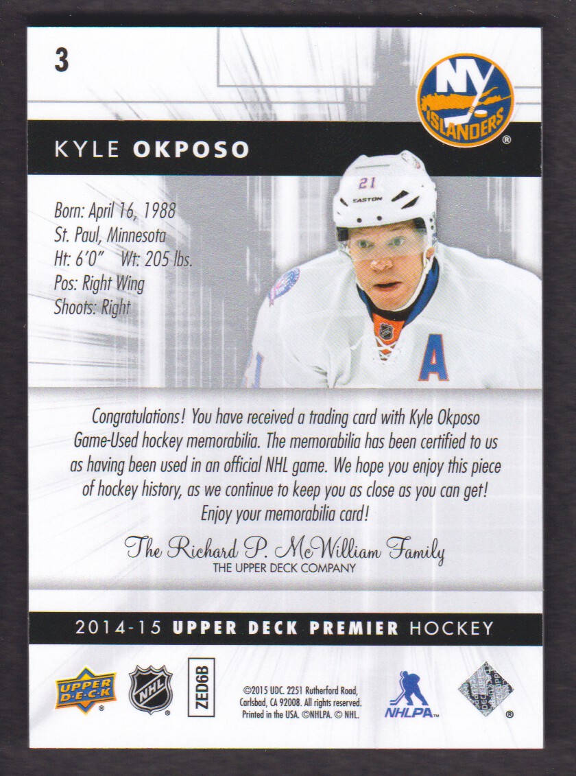 2014-15 Upper Deck Premier Silver Spectrum #3 Kyle Okposo JSY back image