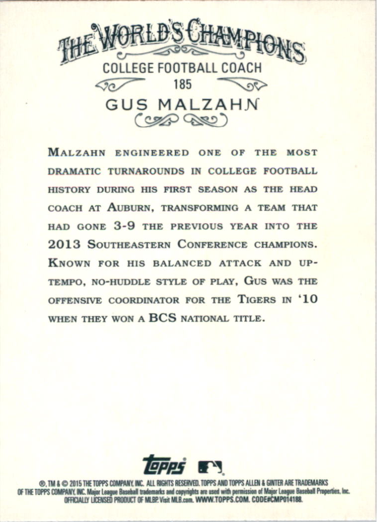 2015 Topps Allen and Ginter #185 Gus Malzahn back image