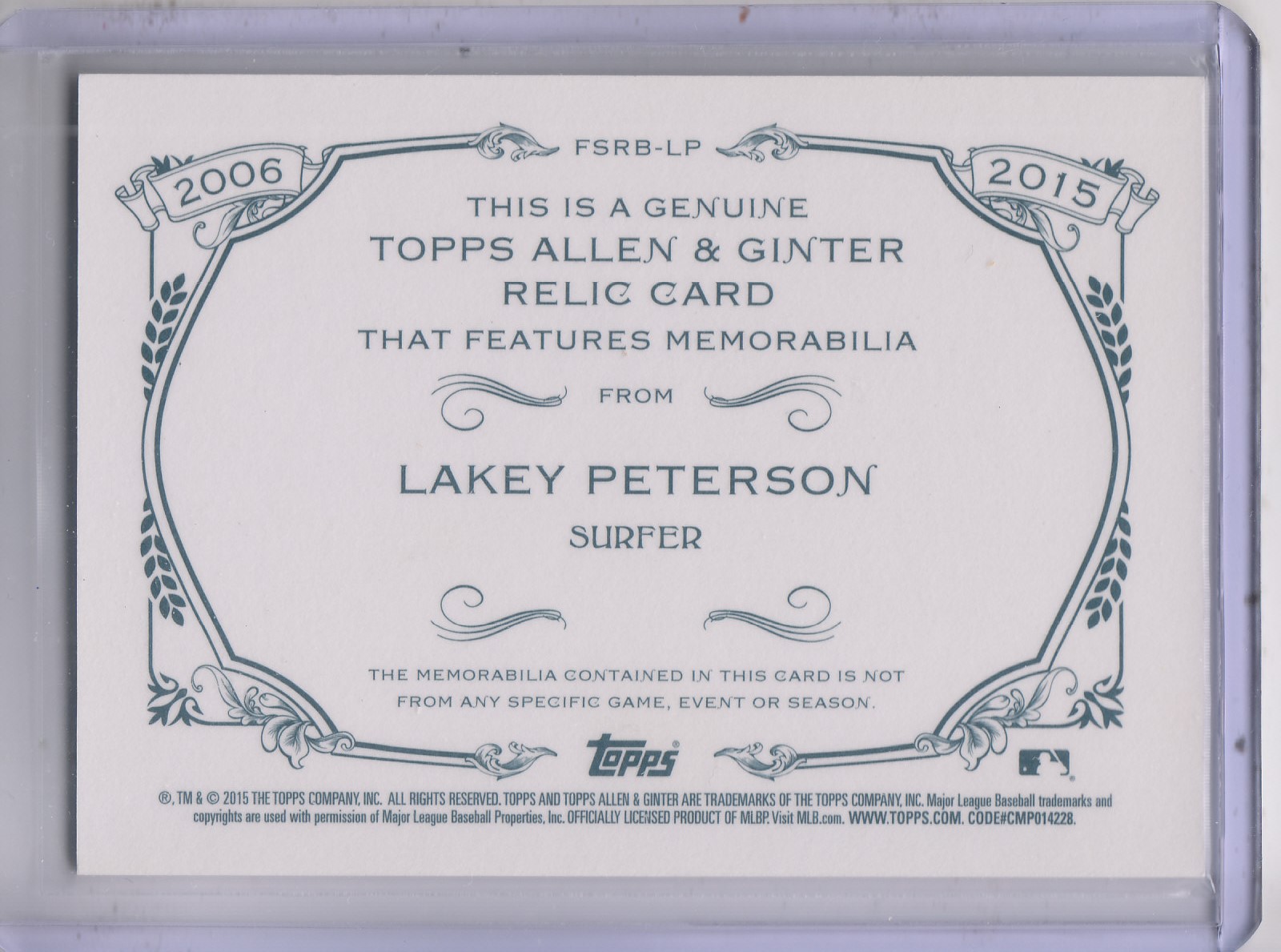 2015 Topps Allen and Ginter Relics #FSRBLP Lakey Peterson B back image