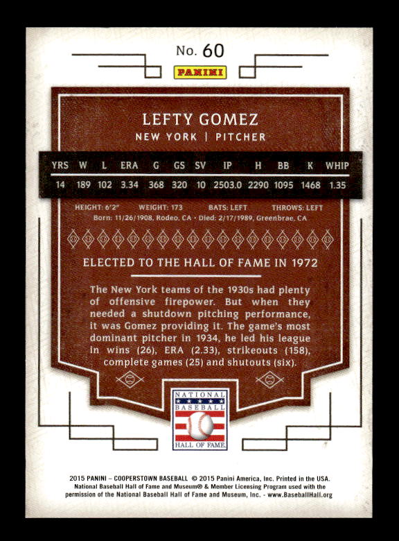 2015 Panini Cooperstown Red #60 Lefty Gomez back image