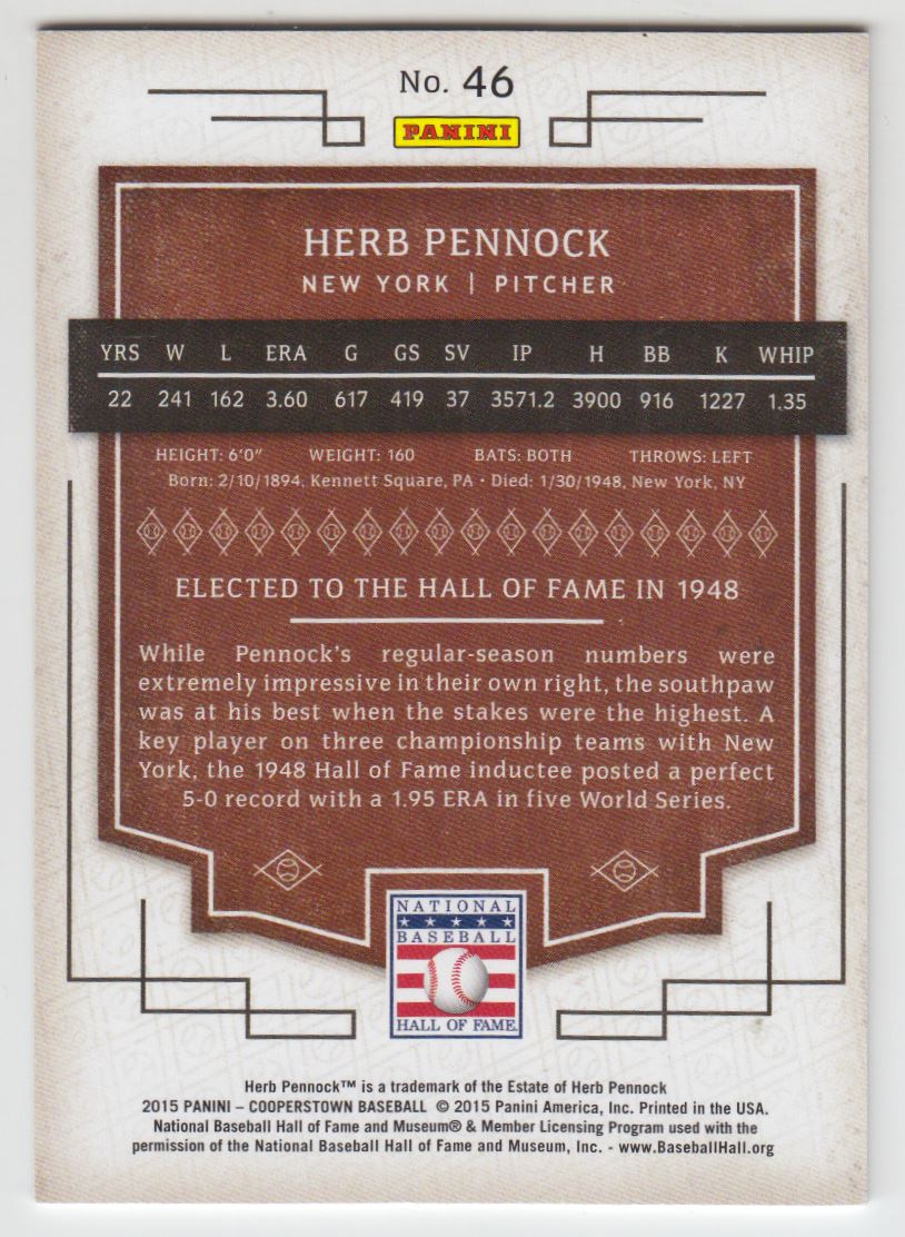 2015 Panini Cooperstown Gold #46 Herb Pennock back image