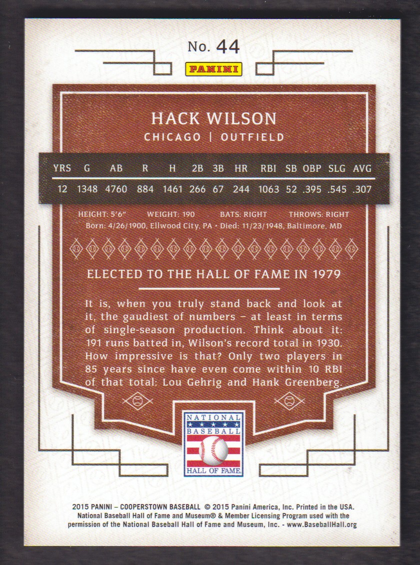 2015 Panini Cooperstown Holo Silver #44 Hack Wilson back image