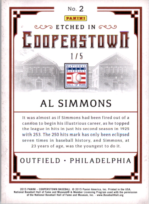 2015 Panini Cooperstown Etched in Cooperstown Holo Gold #2 Al Simmons back image