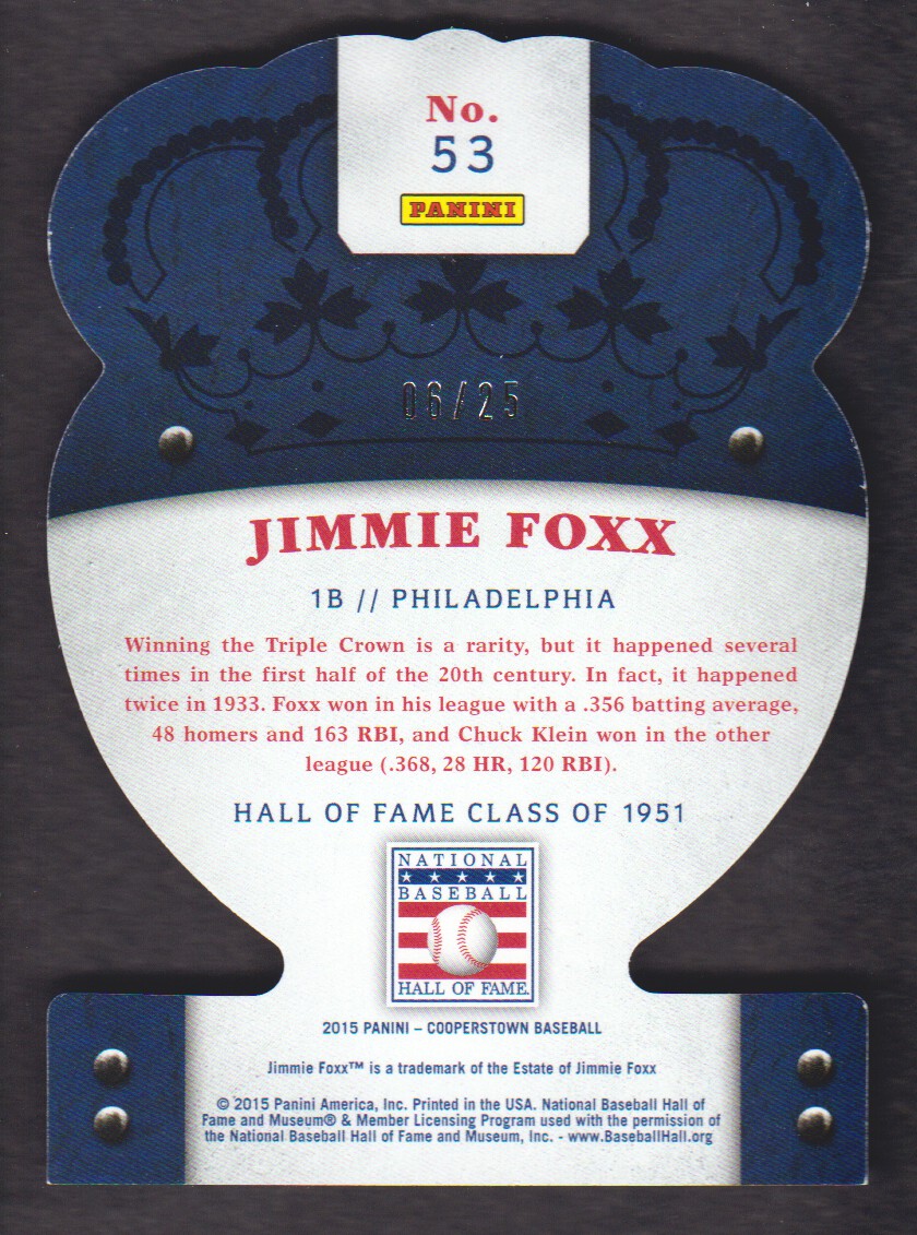 2015 Panini Cooperstown Crown Royale Blue #53 Jimmie Foxx back image
