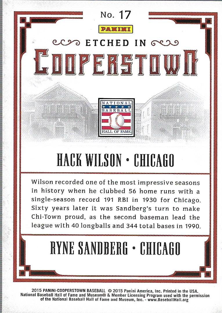 2015 Panini Cooperstown Etched in Cooperstown Dual Silver #17 Hack Wilson/Ryne Sandberg back image