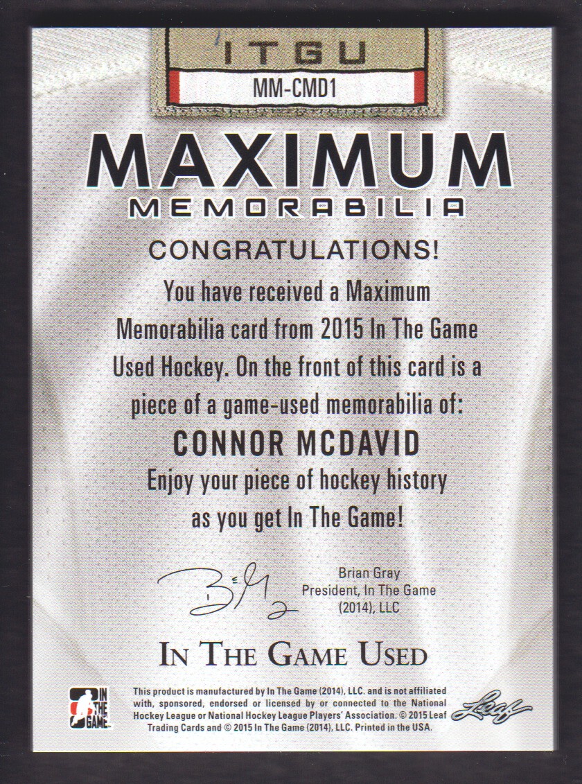 2015-16 ITG Used Maximum Memorabilia Silver #MMCMD1 Connor McDavid/50 back image