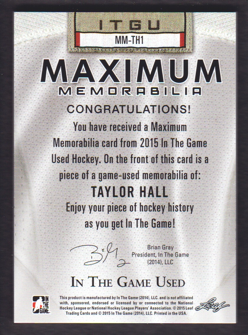 2015-16 ITG Used Maximum Memorabilia Gold #MMTH1 Taylor Hall/25 back image