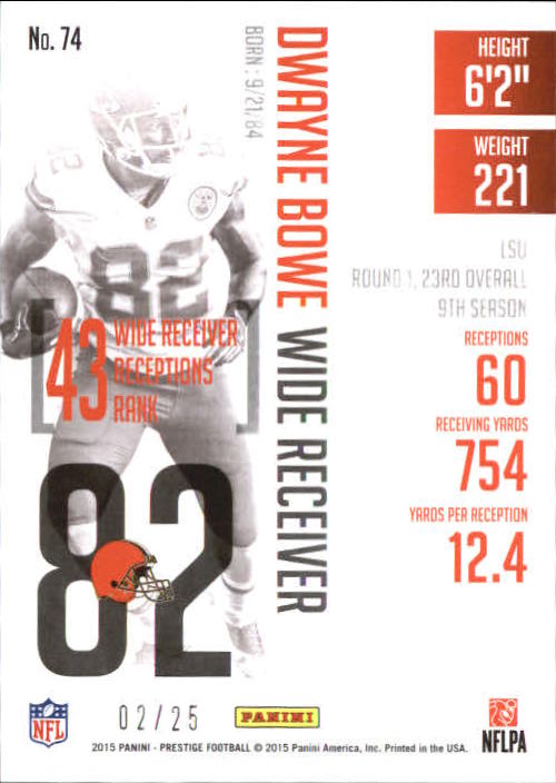 2015 Prestige Extra Points Platinum #74 Dwayne Bowe back image
