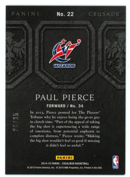 2014-15 Panini Excalibur Crusade Teal #22 Paul Pierce back image
