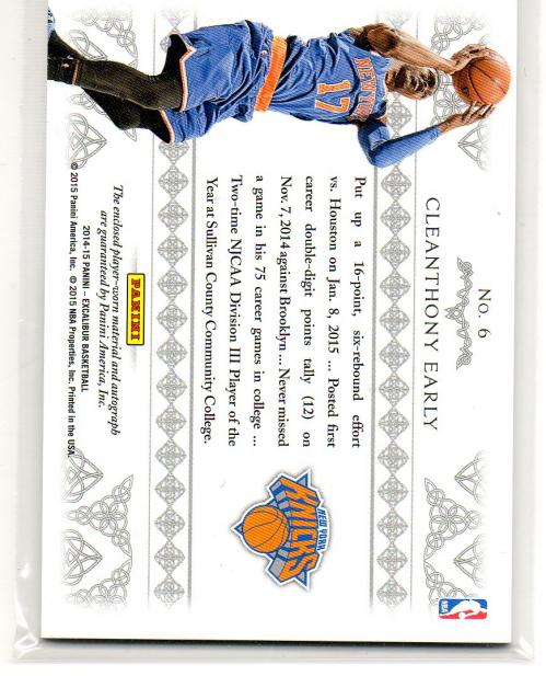 2014-15 Panini Excalibur Rookie Rampage Autograph Jerseys Prime #6 Cleanthony Early back image