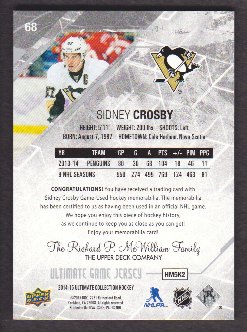 2014-15 Ultimate Collection #68 Sidney Crosby JSY back image