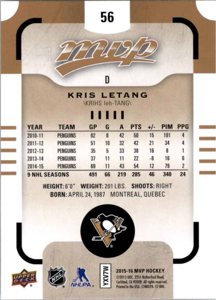 2015-16 Upper Deck MVP #56 Kris Letang back image