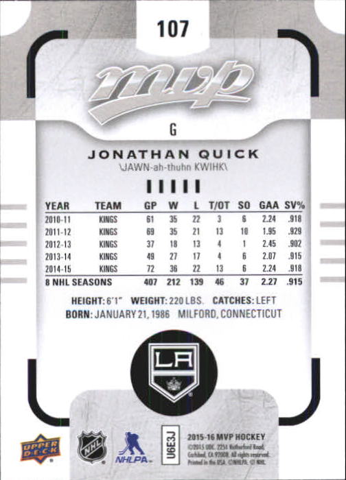 2015-16 Upper Deck MVP Silver Script #107 Jonathan Quick back image