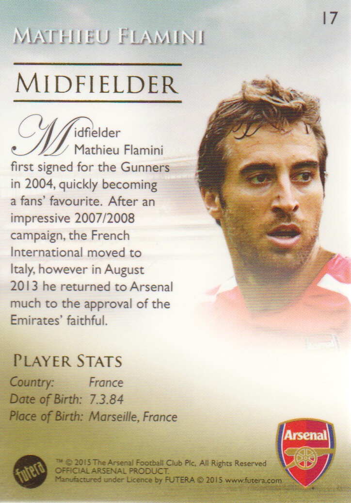 2014-15 Arsenal Futera Premium #17 Mathieu Flamini back image