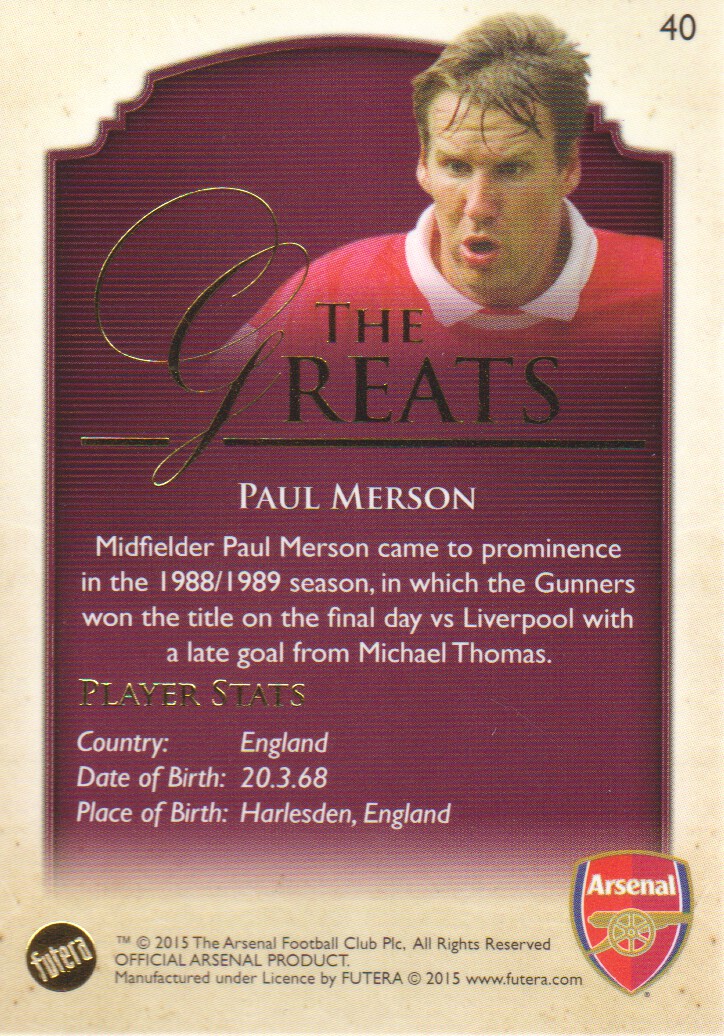 2014-15 Arsenal Futera Premium #40 Paul Merson back image