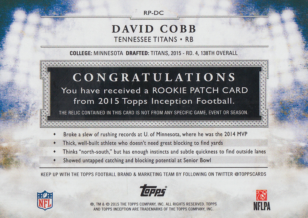 2015 Topps Inception Rookie Relics Patch #RPDC David Cobb