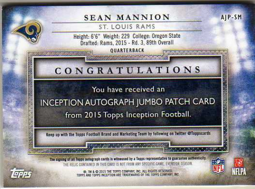 2015 Topps Inception Rookie Jumbo Patch Autographs Magenta #AJPSM Sean Mannion back image