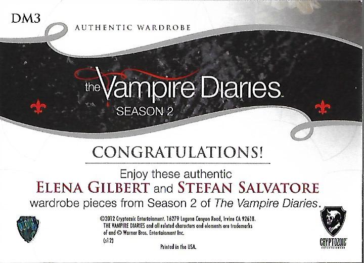 2013 Cryptozoic The Vampire Diaries Season Two Dual Wardrobes #DM3B Elena Gilbert/Stefan Salvatore/175 back image