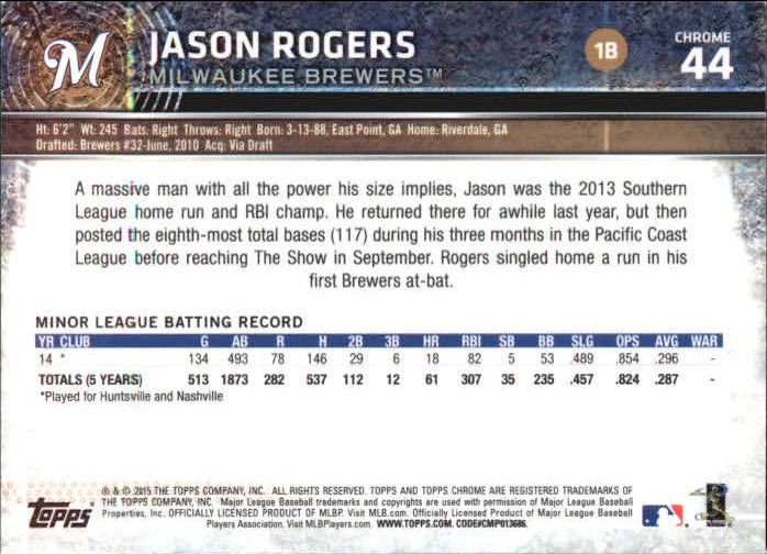 2015 Topps Chrome Refractors #44 Jason Rogers back image