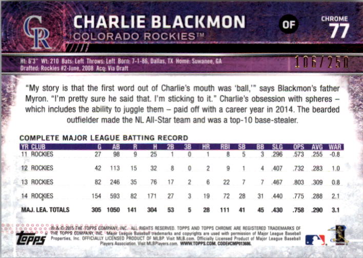 2015 Topps Chrome Purple Refractors #77 Charlie Blackmon back image