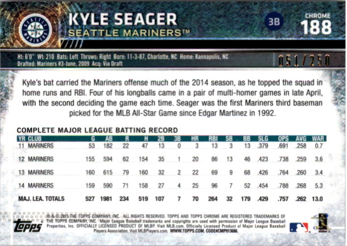 2015 Topps Chrome Purple Refractors #188 Kyle Seager back image