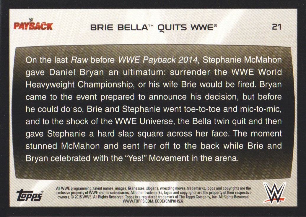 2015 Topps WWE Road to WrestleMania #21 Brie Bella Quits WWE back image