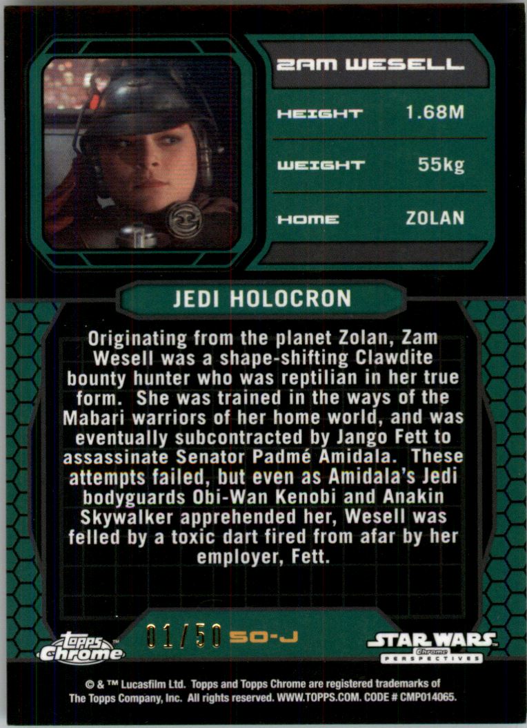 2015 Topps Chrome Star Wars Perspectives Jedi vs. Sith Gold Refractors #50J Zam Wesell