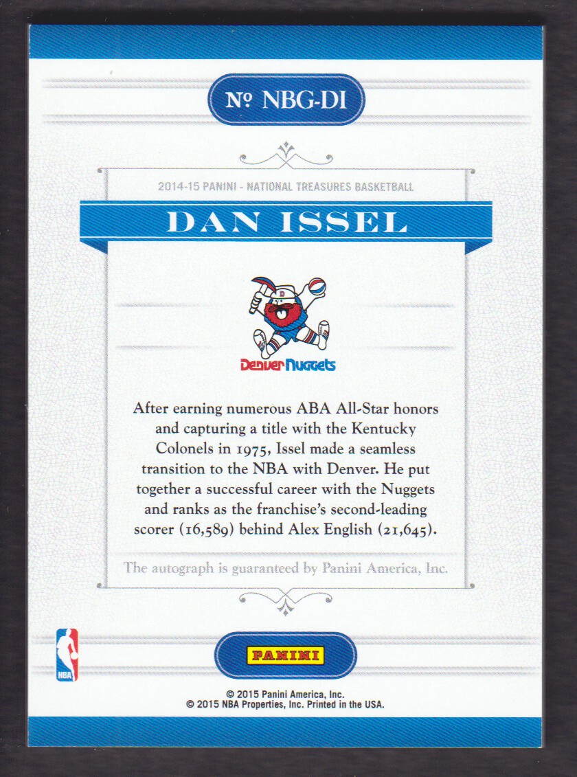 2014-15 Panini National Treasures NBA Greats Signatures #NBGDI Dan Issel/75 back image