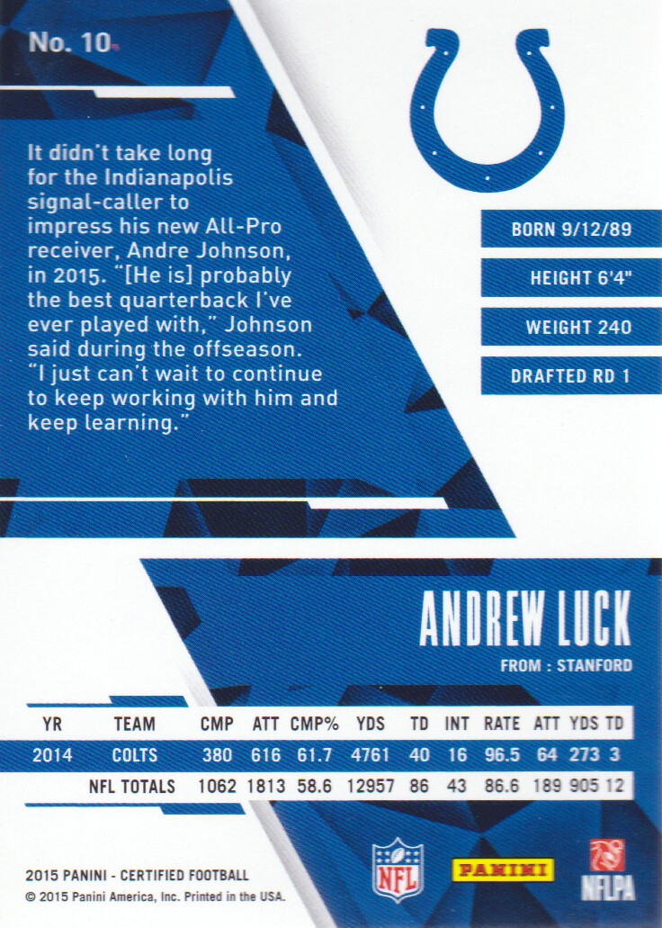 2015 Certified #10 Andrew Luck back image