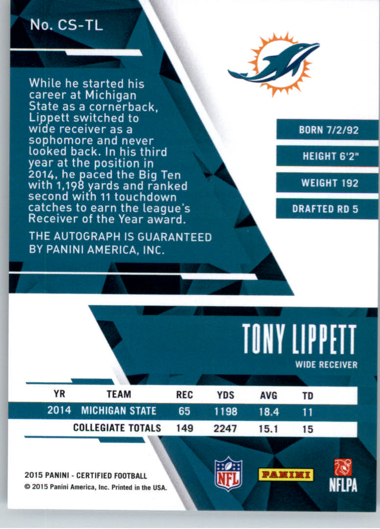 2015 Certified Signatures Mirror Silver #CSTL Tony Lippett/150 back image