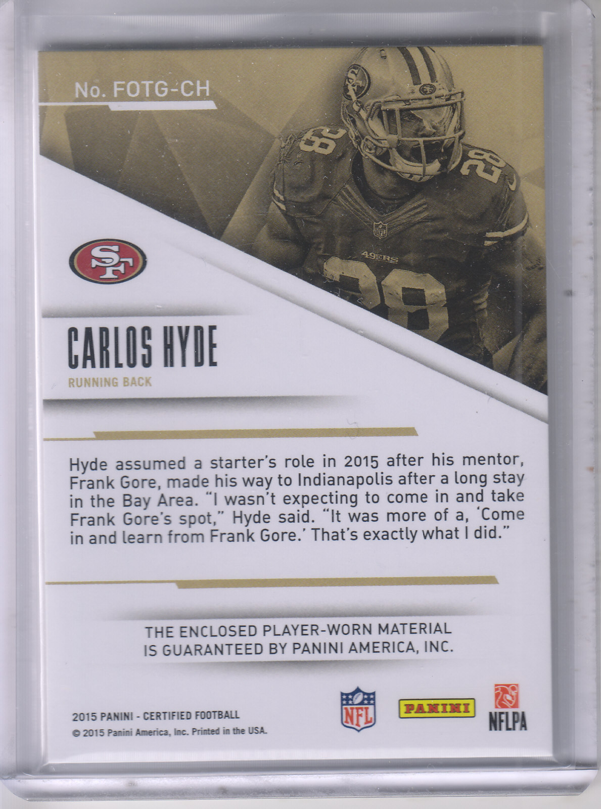2015 Certified Fabric of the Game Prime #FOTGCH Carlos Hyde/49 back image