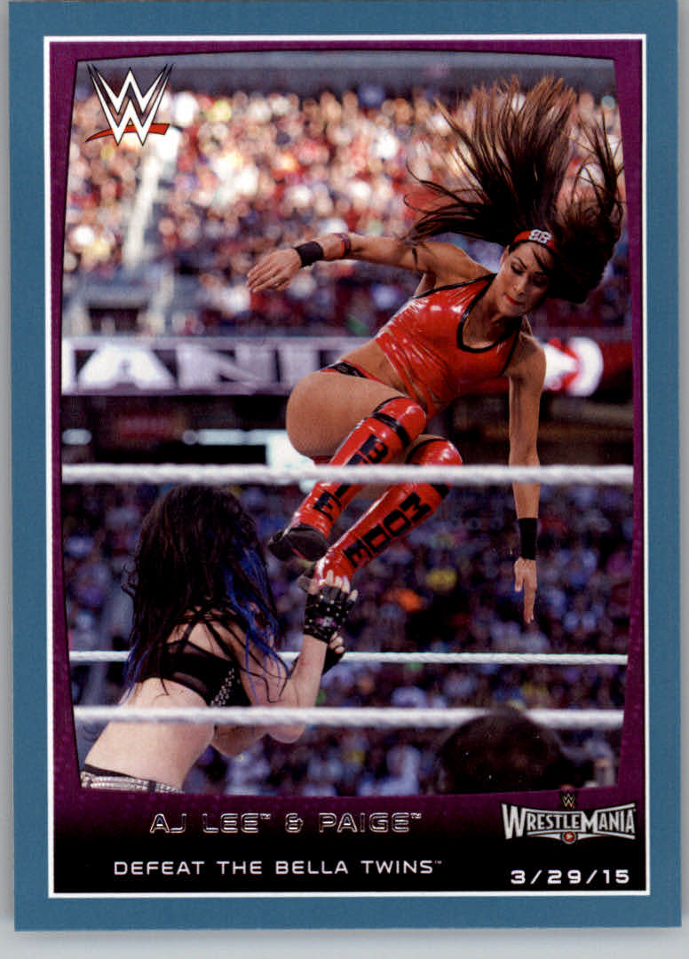 2015 Topps WWE Road to WrestleMania Blue #106 AJ Lee & Paige Defeat the Bella Twins