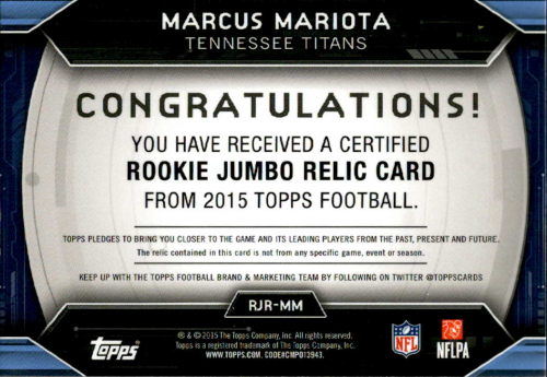 2015 Topps Rookie Jumbo Relics #RJRMM Marcus Mariota back image