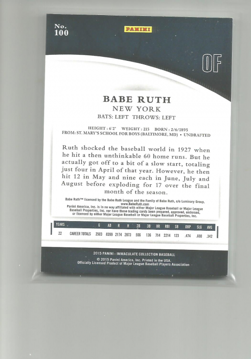 2015 Immaculate Collection #100 Babe Ruth back image