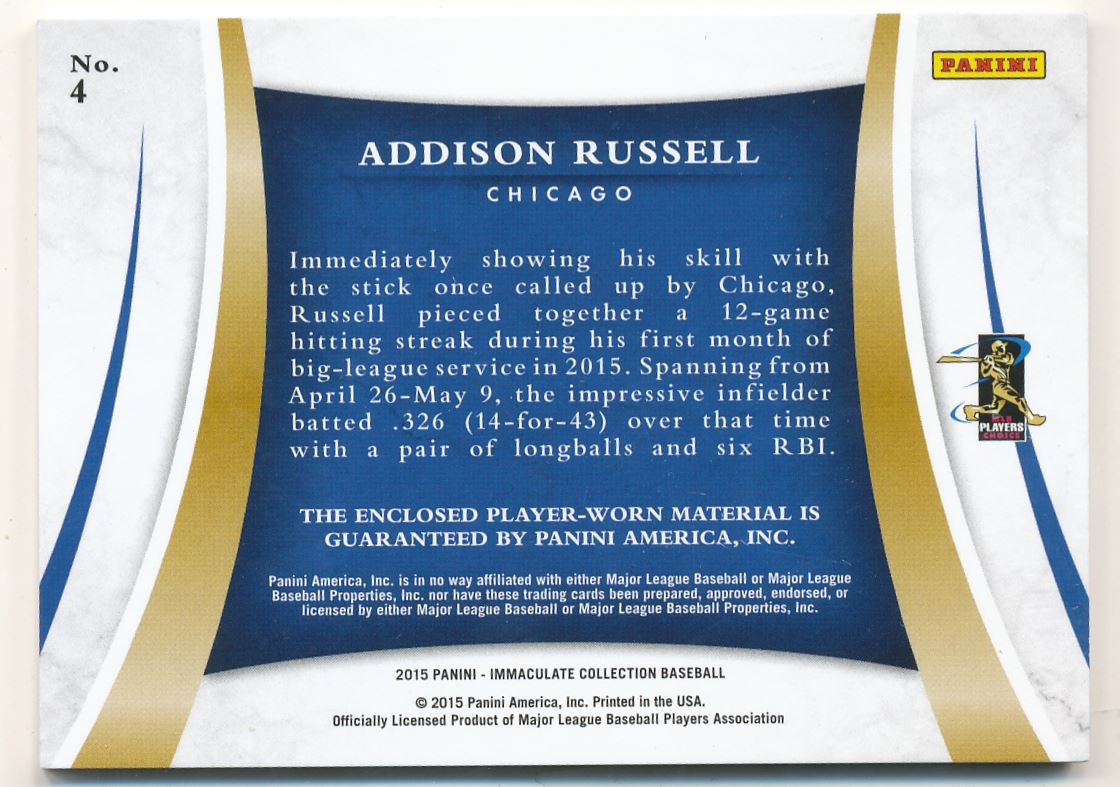 2015 Immaculate Collection Immaculate Quads Memorabilia #4 Addison Russell back image