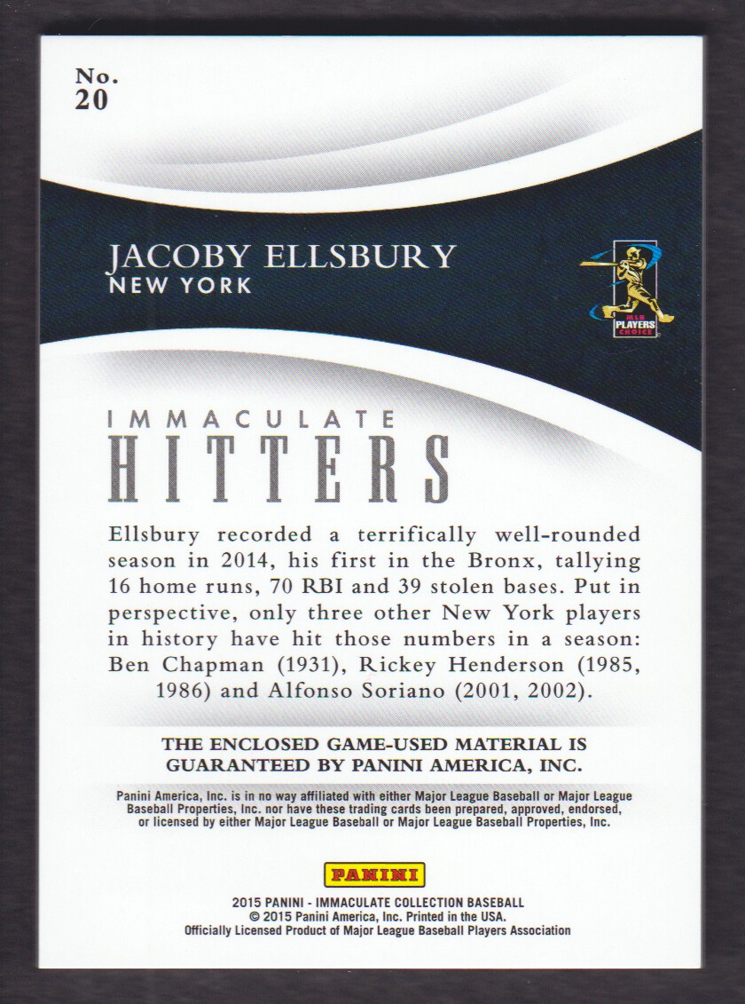 2015 Immaculate Collection Immaculate Hitters Materials #20 Jacoby Ellsbury/49 back image