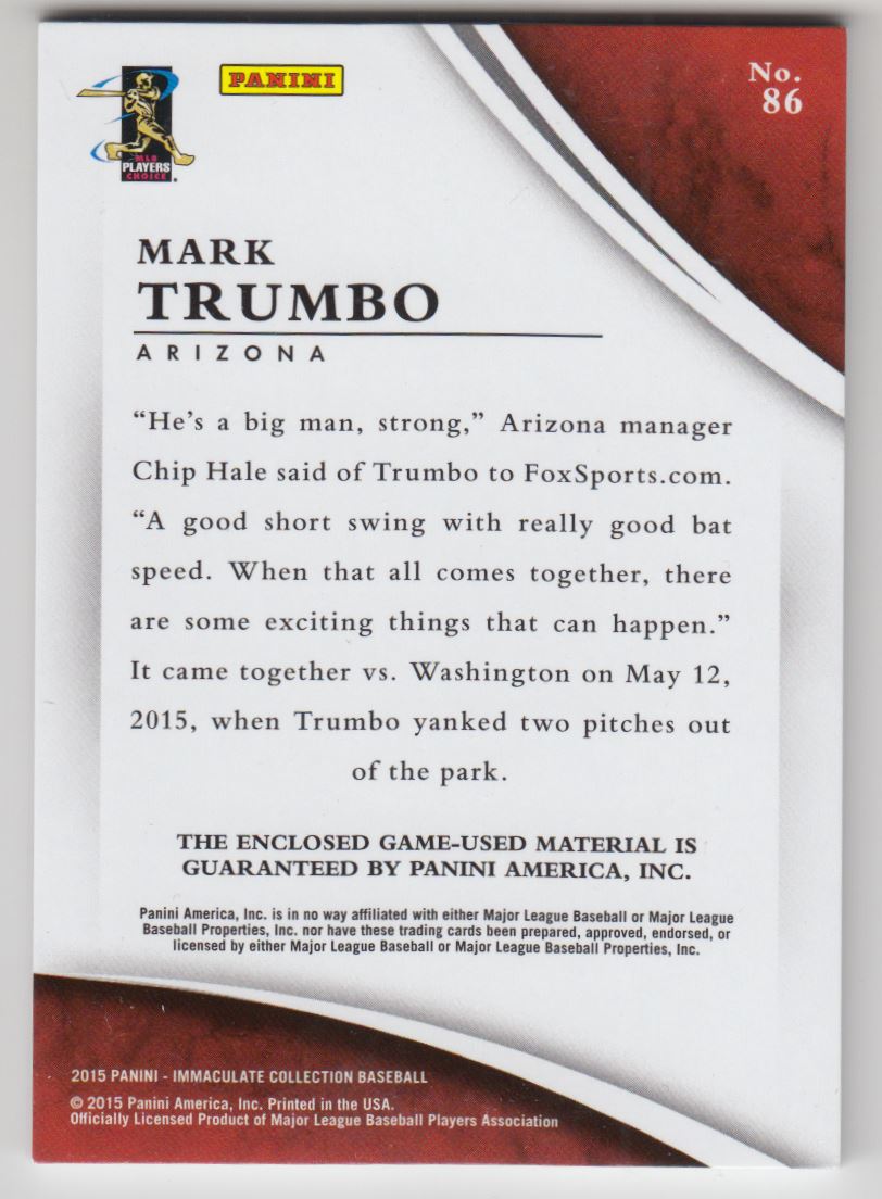 2015 Immaculate Collection Immaculate Jumbo #86 Mark Trumbo/49 back image
