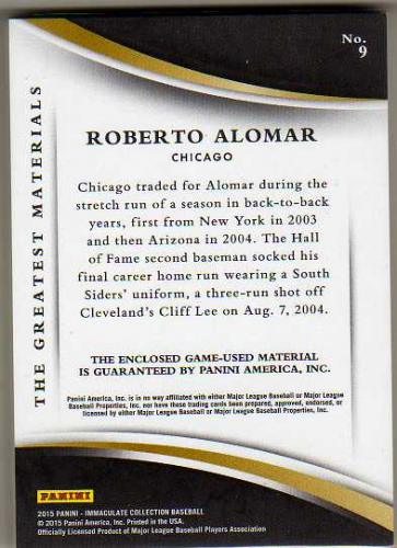 2015 Immaculate Collection The Greatest Materials Blue #9 Roberto Alomar/15 back image
