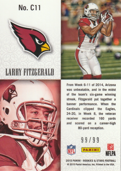 2015 Rookies and Stars Longevity Crusade Red #11 Larry Fitzgerald back image