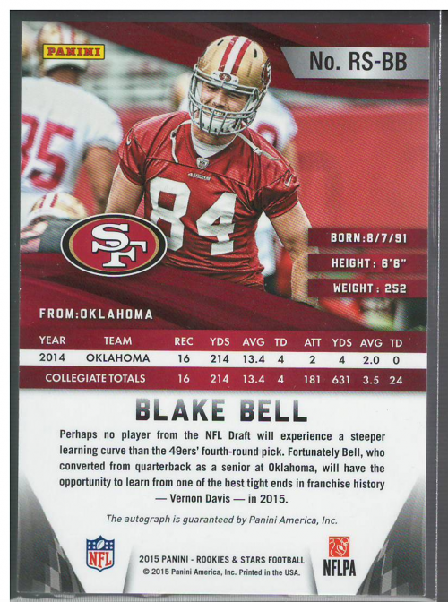 2015 Rookies and Stars Rookie Signatures #9 Blake Bell back image