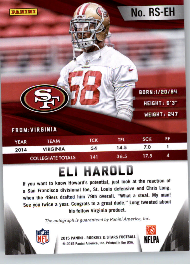 2015 Rookies and Stars Longevity Rookie Signatures Team Name #37 Eli Harold/99 back image