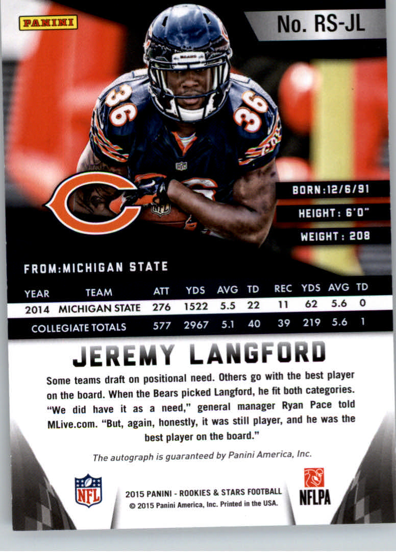 2015 Rookies and Stars Longevity Rookie Signatures Team Name #48 Jeremy Langford/99 back image