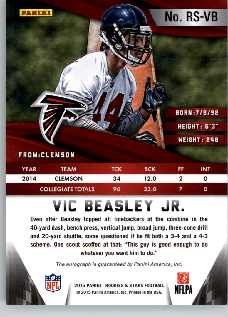 2015 Rookies and Stars Longevity Rookie Signatures Team Name #99 Vic Beasley Jr./99 back image