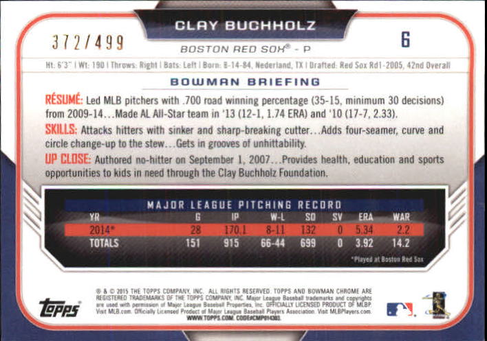 2015 Bowman Chrome Refractors #6 Clay Buchholz back image