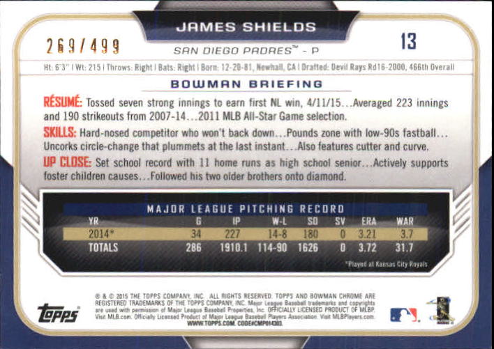 2015 Bowman Chrome Refractors #13 James Shields back image