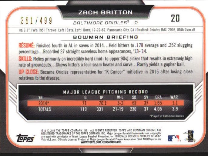 2015 Bowman Chrome Refractors #20 Zach Britton back image