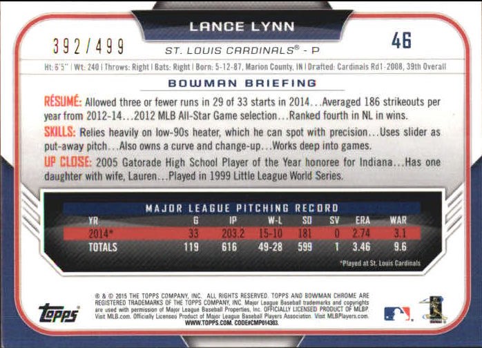 2015 Bowman Chrome Refractors #46 Lance Lynn back image