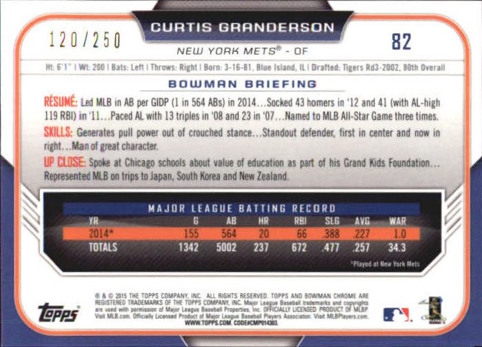 2015 Bowman Chrome Purple Refractors #82 Curtis Granderson back image